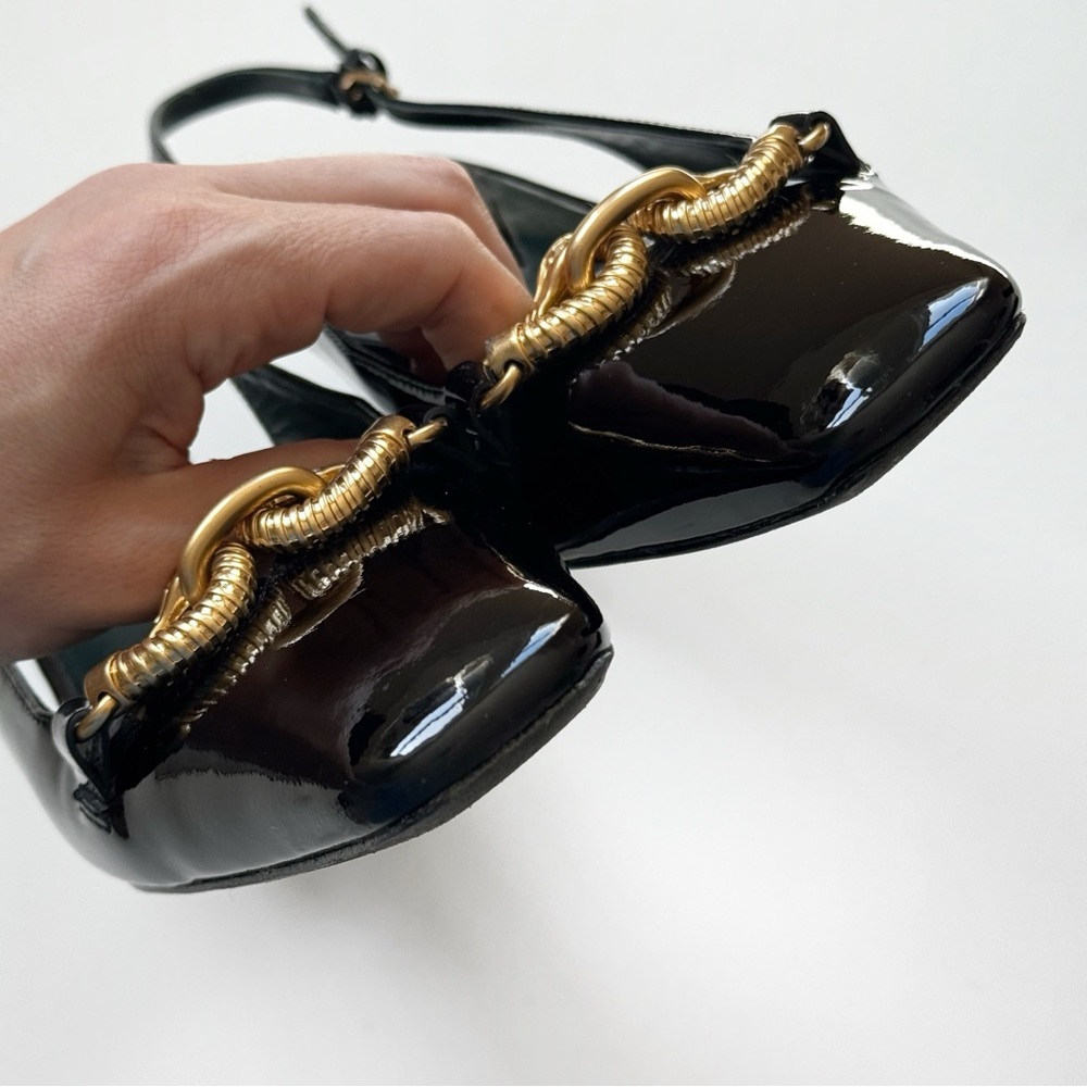 Tory Burch Jessa 55mm Slingback Heels Patent Leather Block Heel Gold Rams Chain - Picture 6 of 11